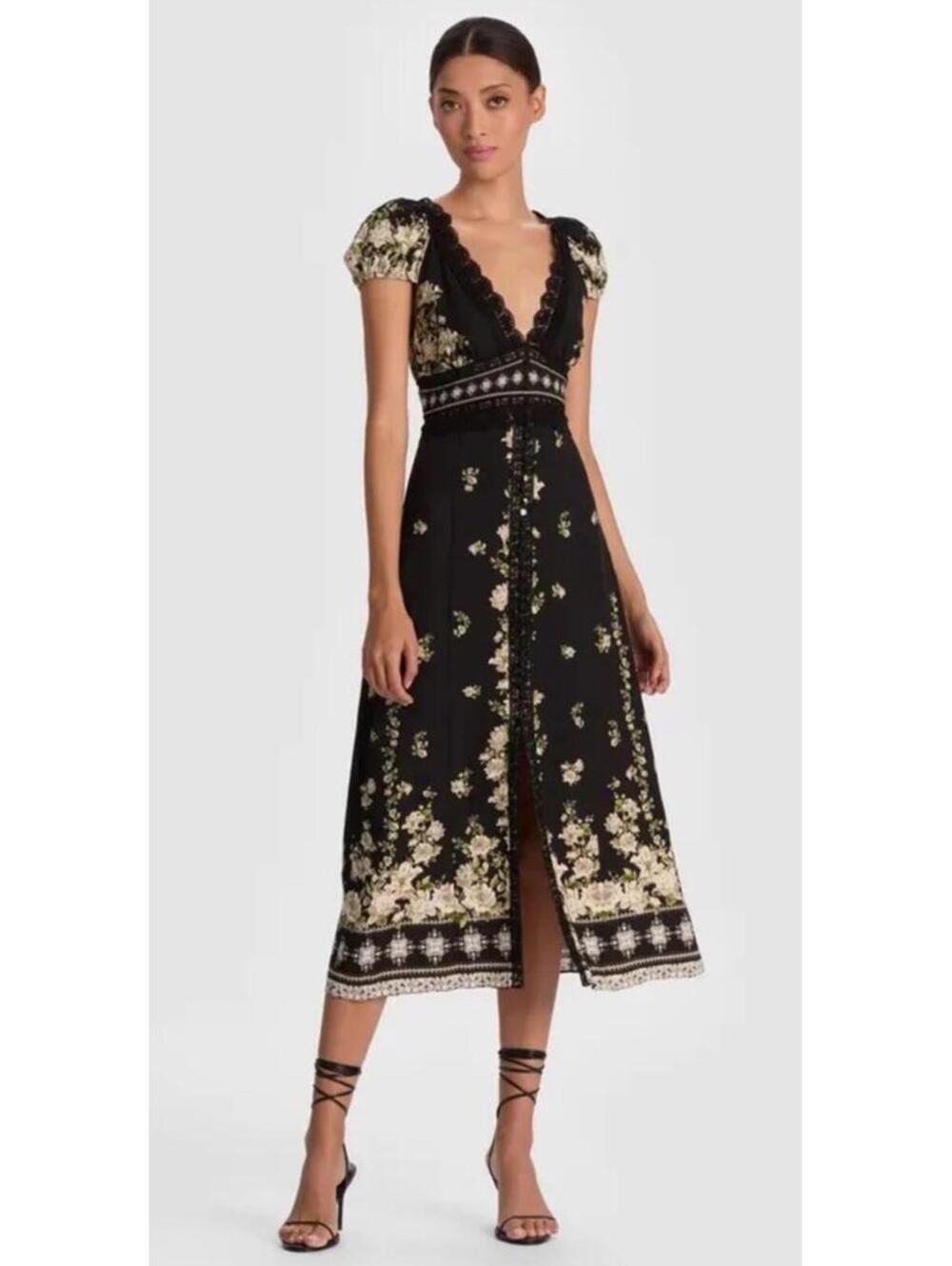 New ALICE + OLIVIA Lace-trimmed floral-print crepe midi dress Black Green 6 $695